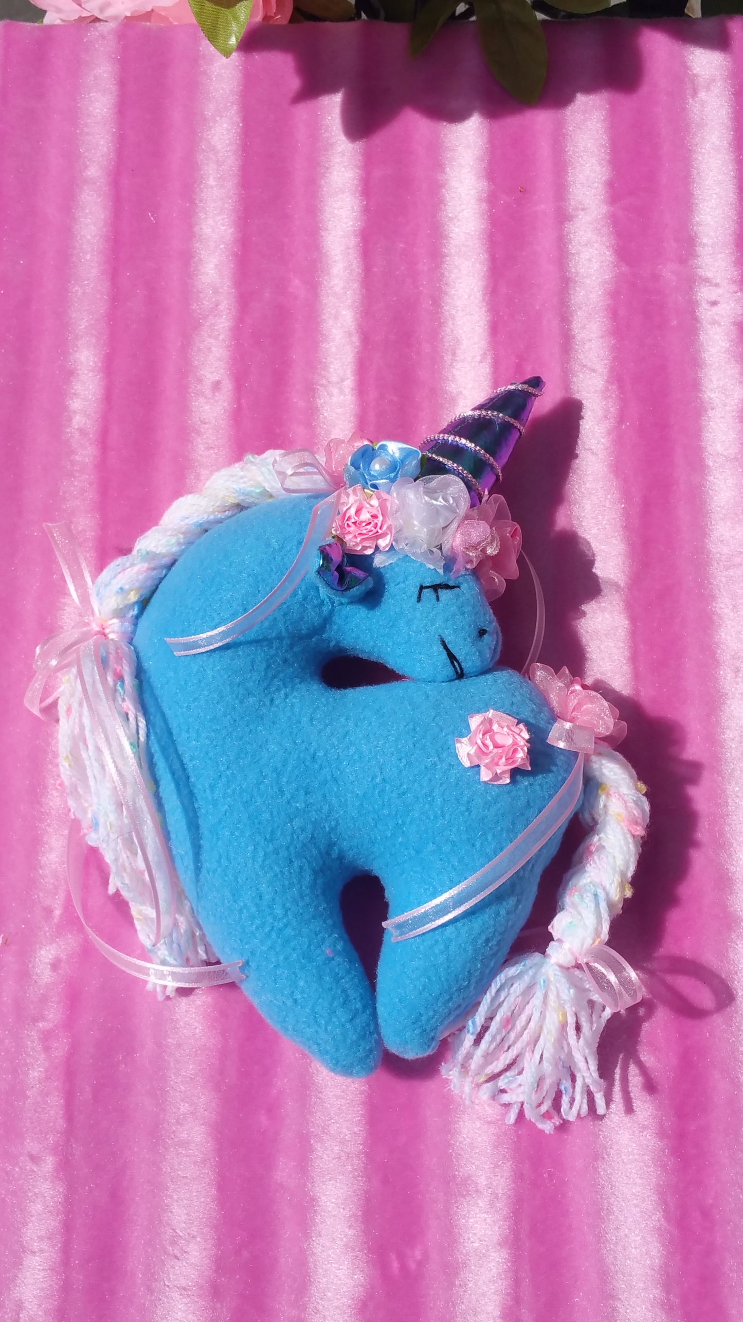 Small Blue Unicorn with Pink Floral Embellishment