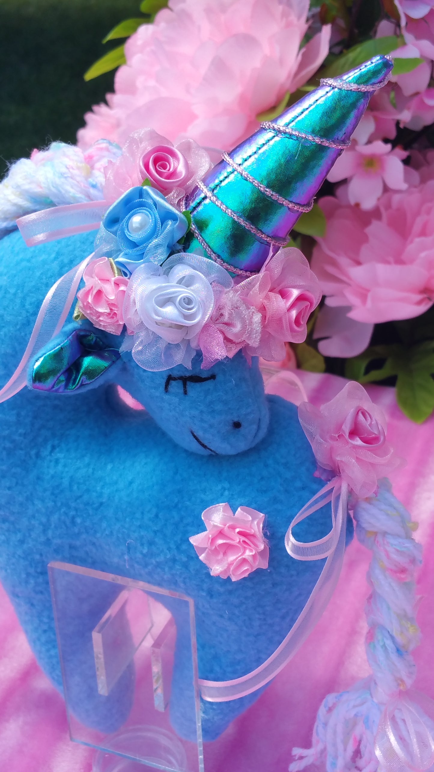 Small Blue Unicorn with Pink Floral Embellishment