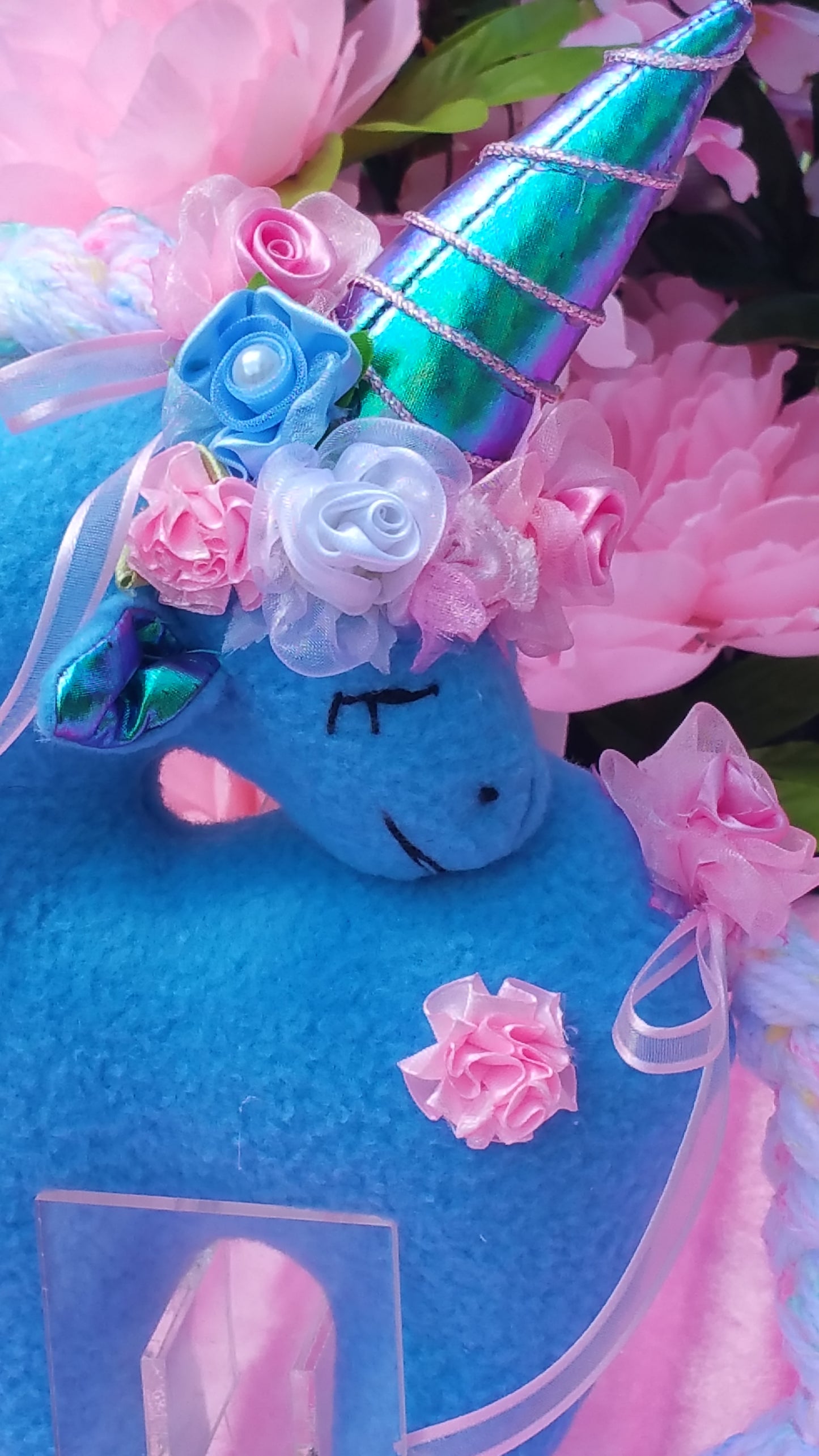 Small Blue Unicorn with Pink Floral Embellishment