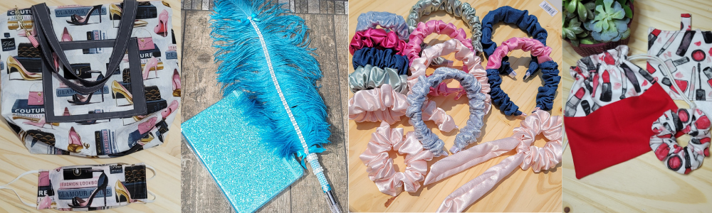 Enchanted Bella Feather Pens, Tote Bags, Face Coverings, Scrunchies, Wash Clothes, Hair Accessories and Drawstring Bags