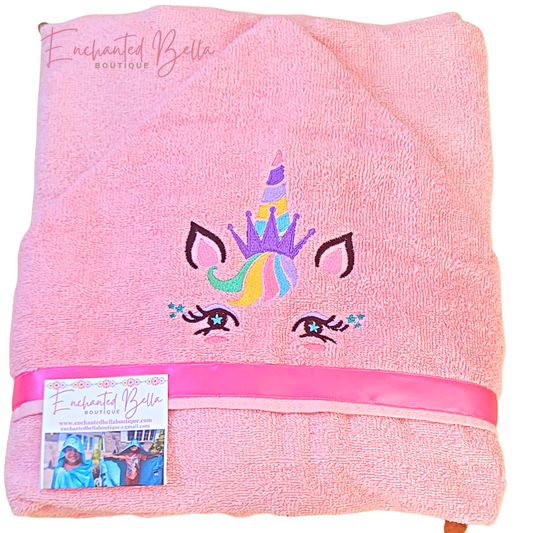 Pastel Unicorn Hooded Pink Towel with Pink Ribbon Trimming
