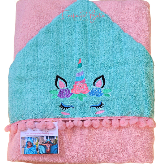 Pink and Mint Unicorn Towel with Pompom Trimming