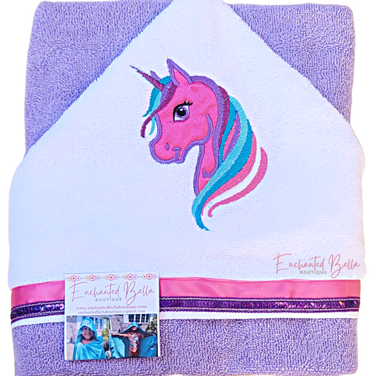 White and Purple Unicorn Hooded Towel with Pink and Sequin Ribbon Trimming