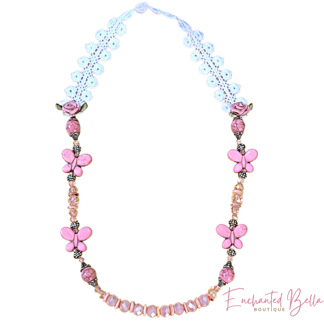 Pink Butterfly Beaded Lace Necklace