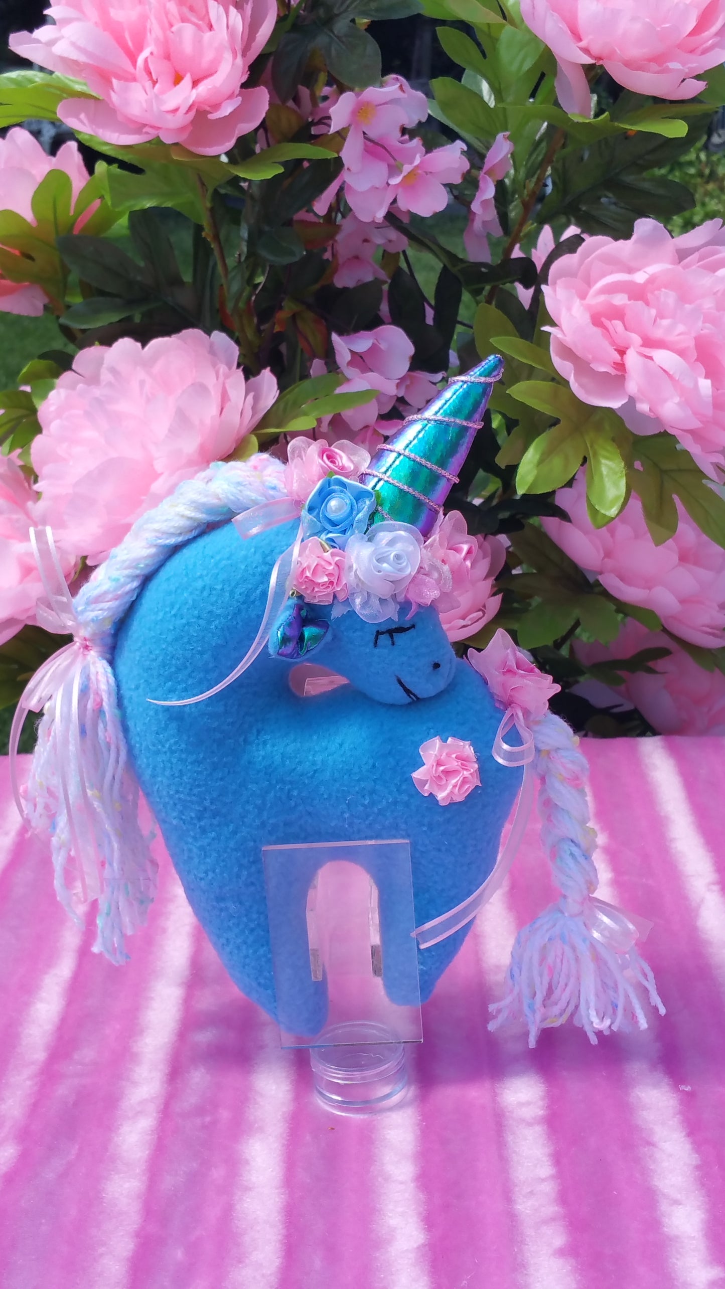 Small Blue Unicorn with Pink Floral Embellishment