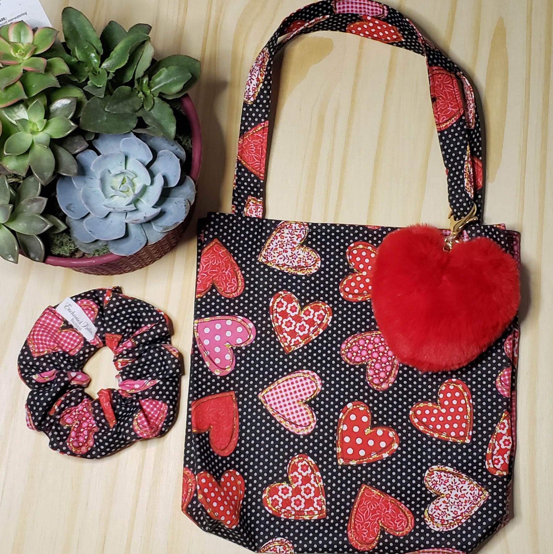 Mini Tote Bag, Heart Pom Pom Keychain and Scrunchie