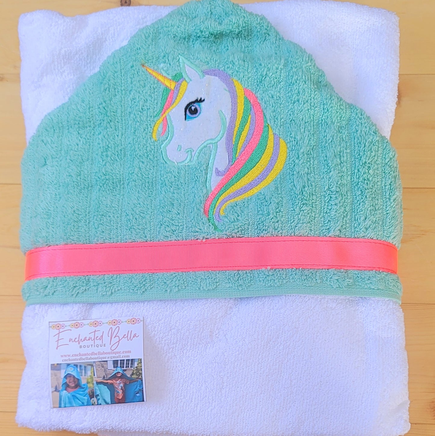 Mint and White Unicorn Hooded Pink Towel with Neon Ribbon Trimming