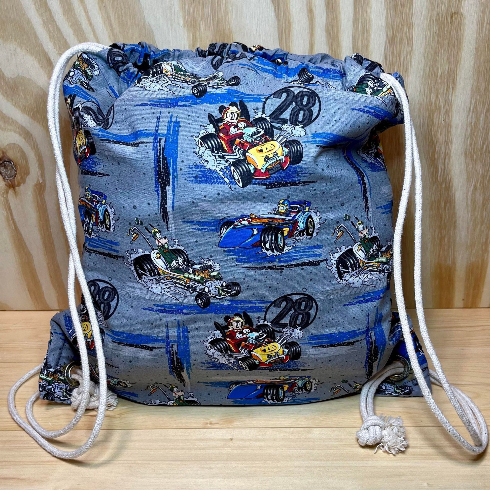 Gray Racing Drawstring Bags with Ivory Straps