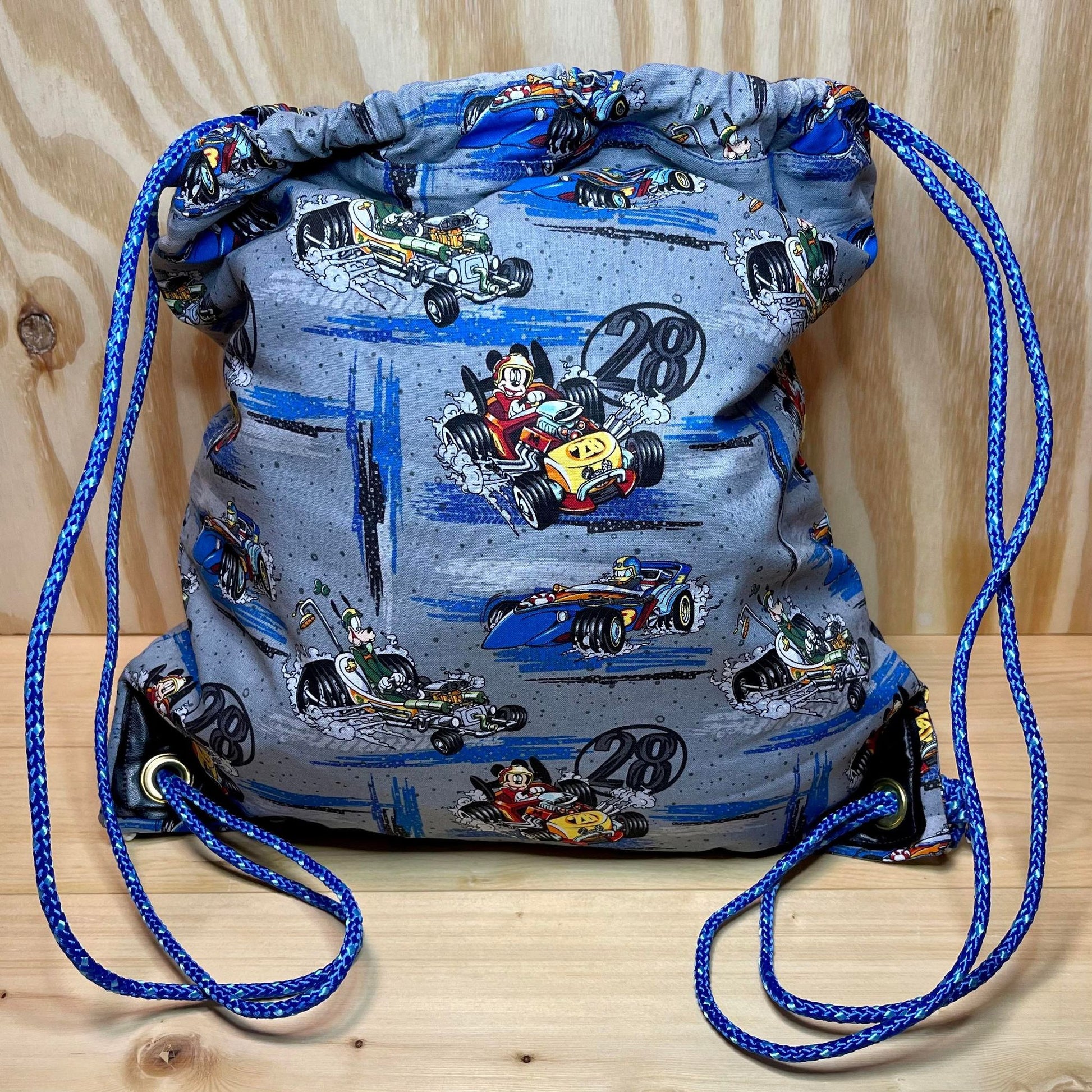 Gray Racing Drawstring Bag with Blue Straps