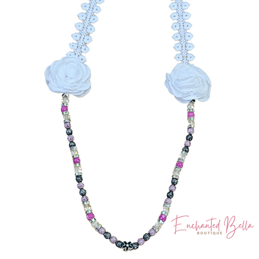 Pink and Gray Lace Beaded Necklace