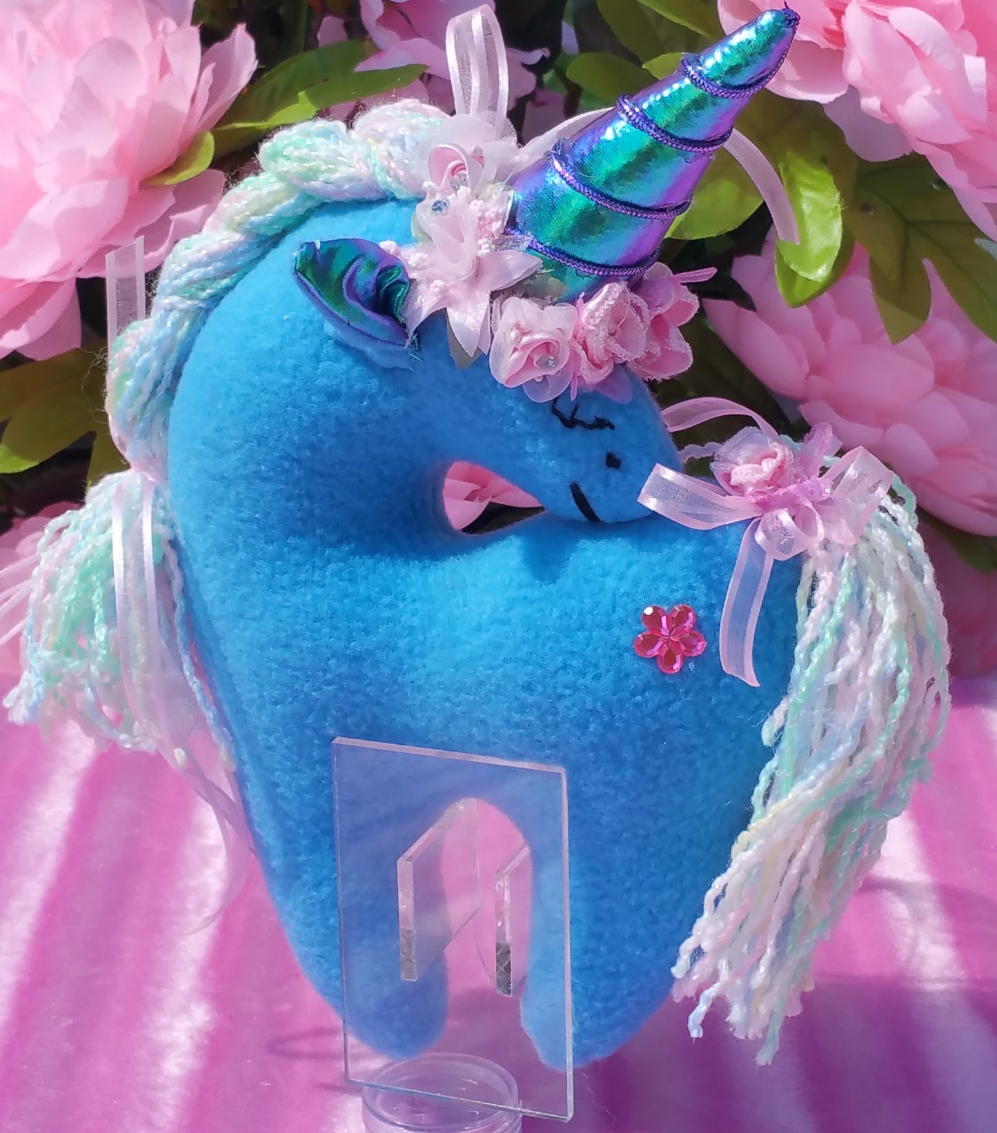 Small Blue Unicorn with Pink Flower Embellishments