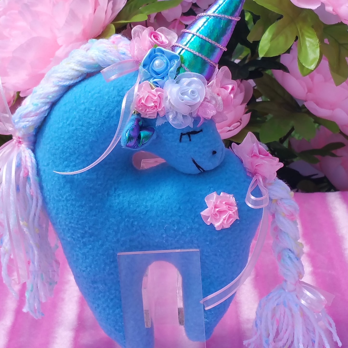 Small Blue Unicorn with Pink Floral Embellishment